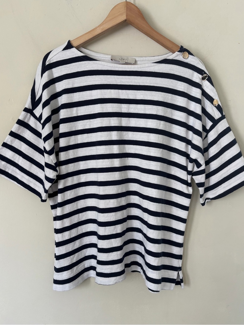 Loft Navy White Striped Boat Neck Top Gold Shoulder Buttons XL Cotton Nautical